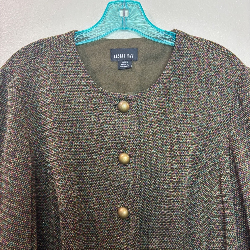 Leslie Fay Blazer Women 16WP Green Metallic Tweed Button Front Jacket Academia - Picture 7 of 13